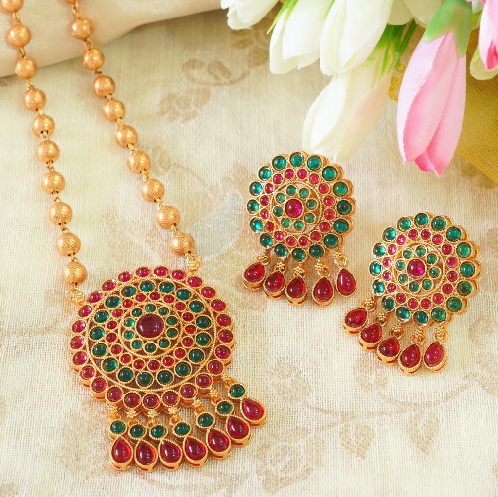 Ruby n Emerald Studded Matte Gold Finish Traditional Pendant Set