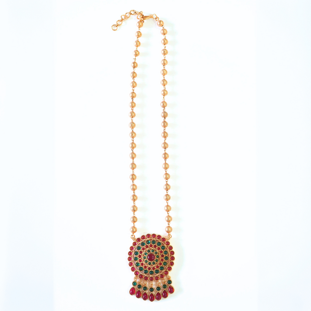 Ruby n Emerald Studded Matte Gold Finish Traditional Pendant Set
