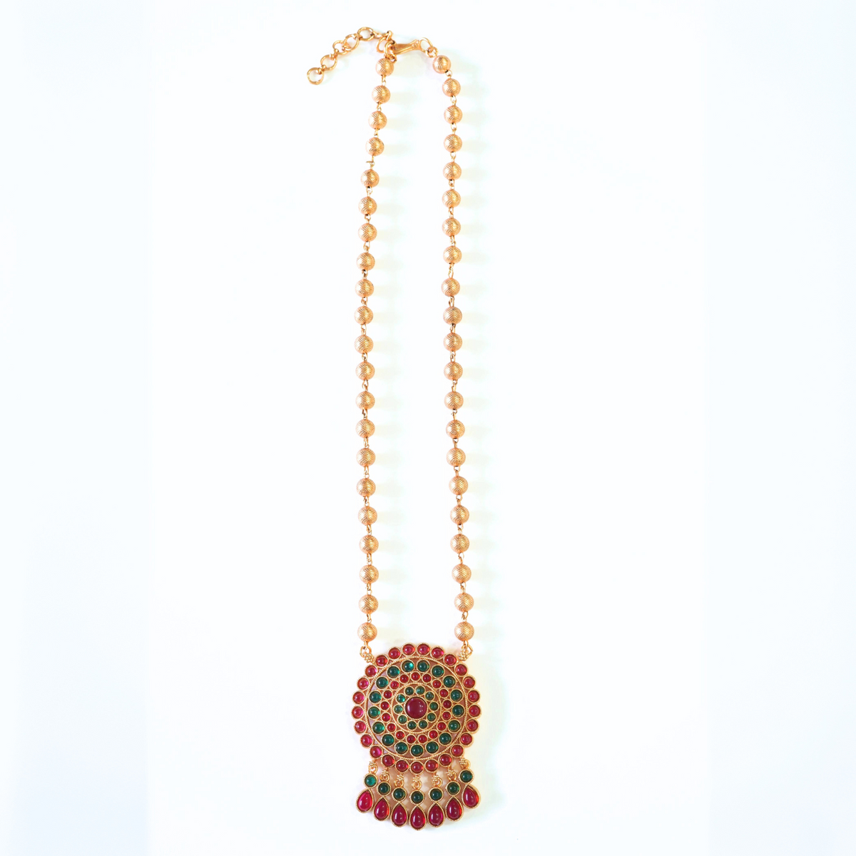Ruby n Emerald Studded Matte Gold Finish Traditional Pendant Set