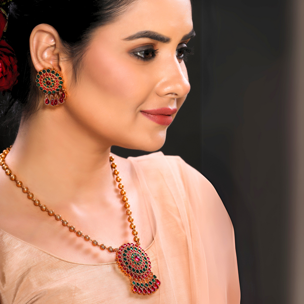 Ruby n Emerald Studded Matte Gold Finish Traditional Pendant Set