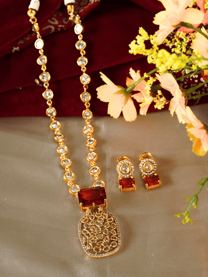 Indo-Western Brass Necklace Set with Bold Red Crystals n Zirconia