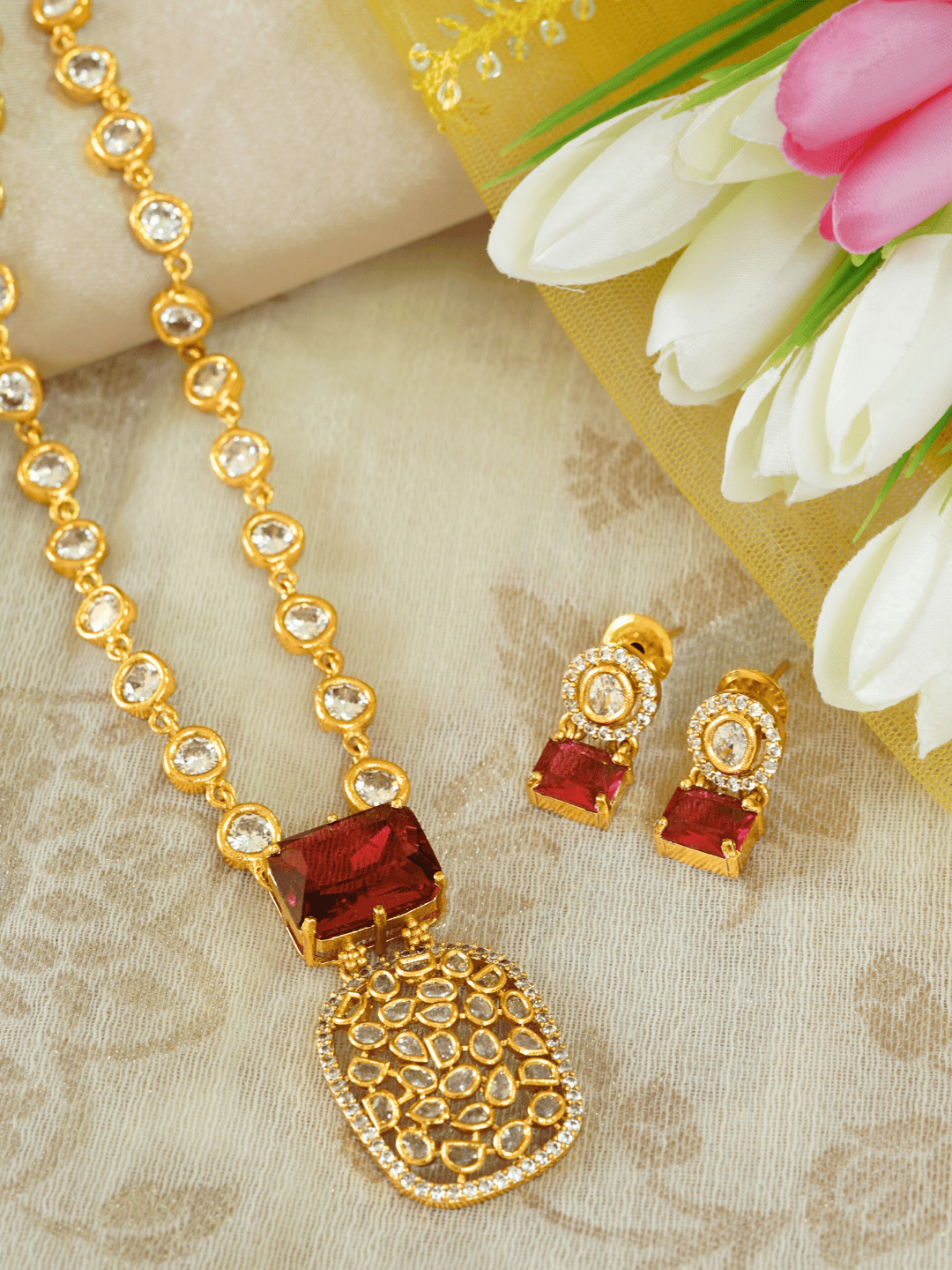 Indo-Western Brass Necklace Set with Bold Red Crystals n Zirconia