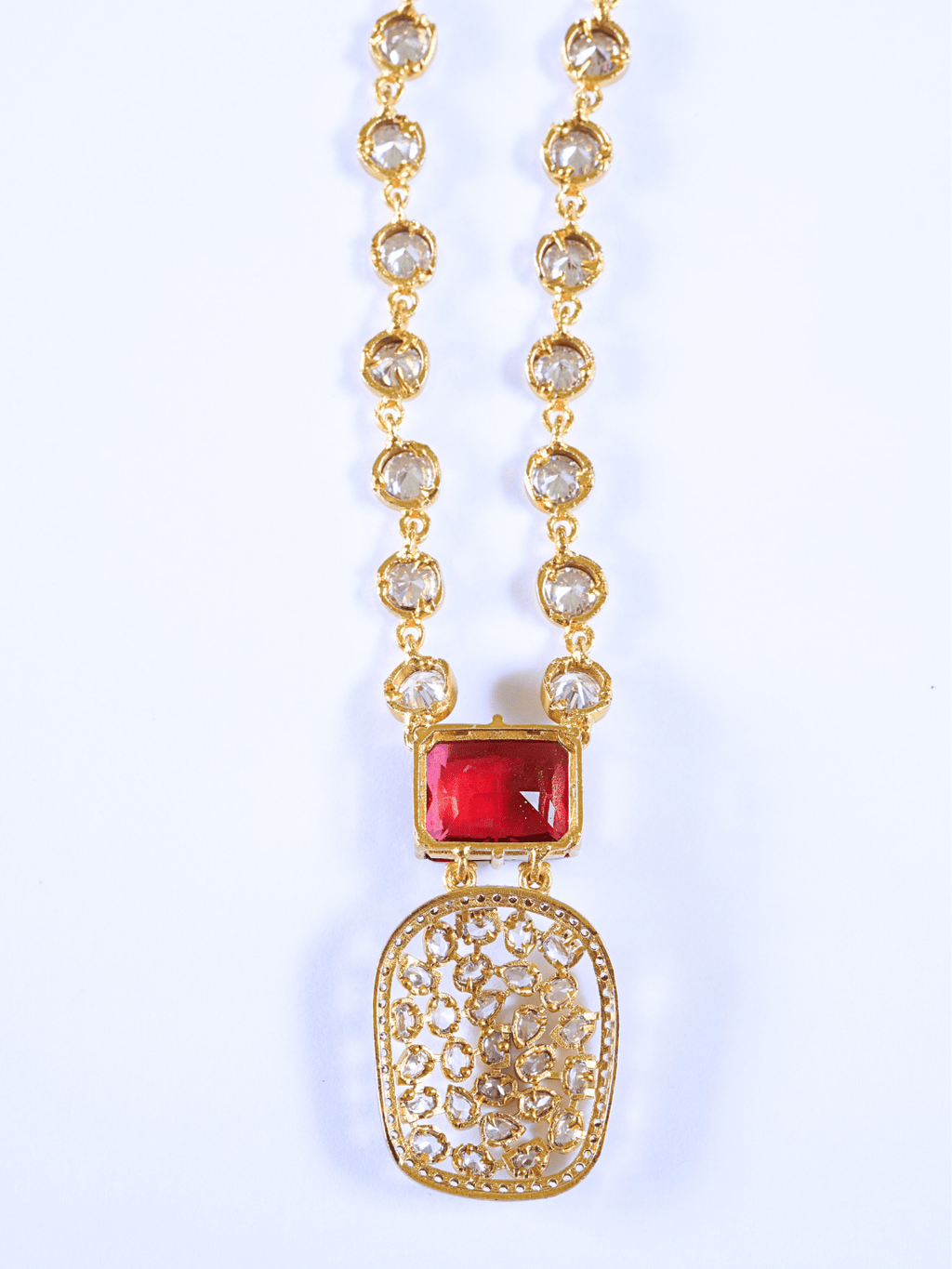 Indo-Western Brass Necklace Set with Bold Red Crystals n Zirconia
