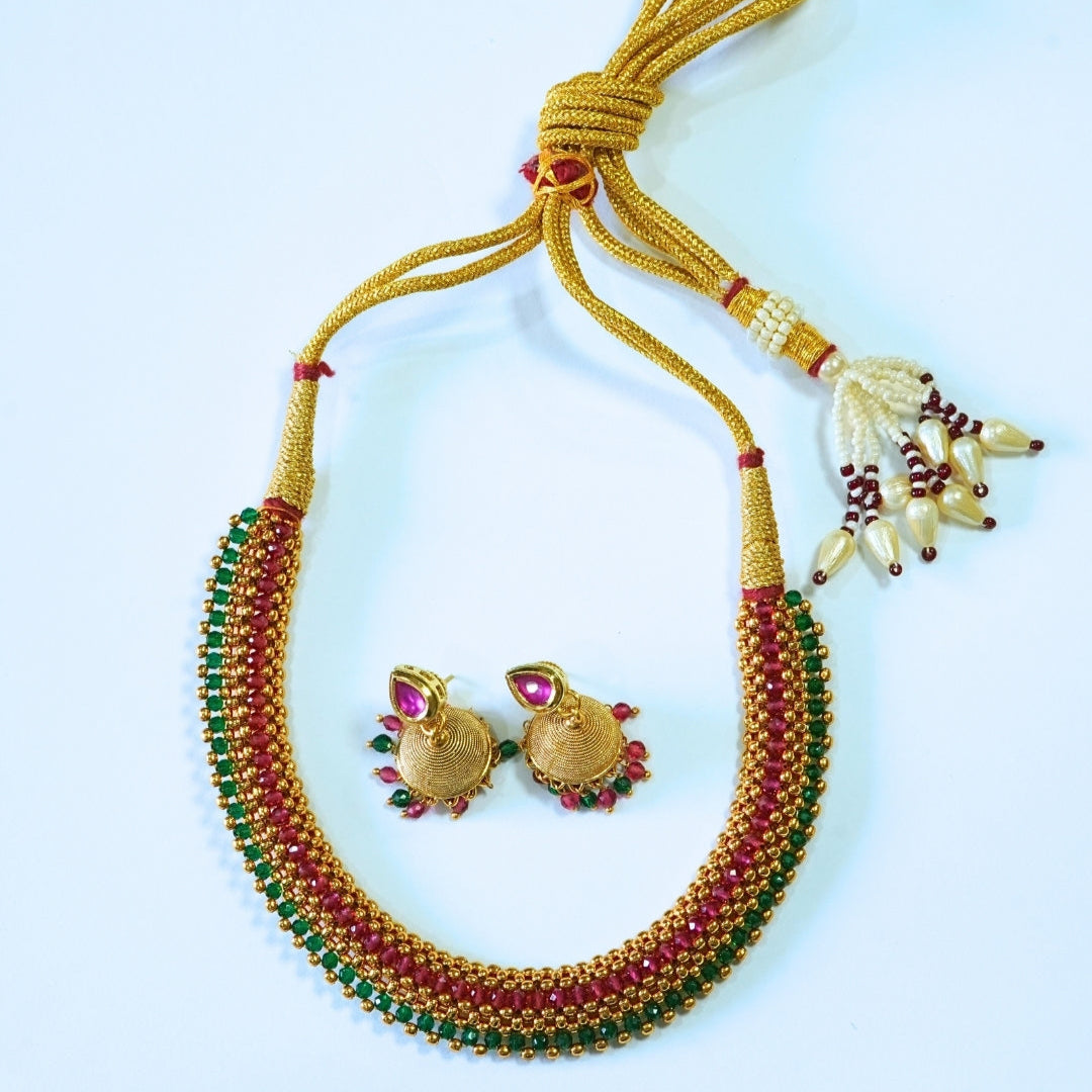 Ruby n Emerald Like Beaded Reversible Traditional Necklace Set