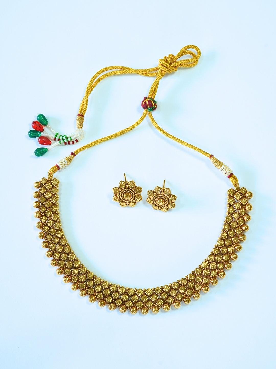 Elegant Broad Golden Beaded Necklace Set
