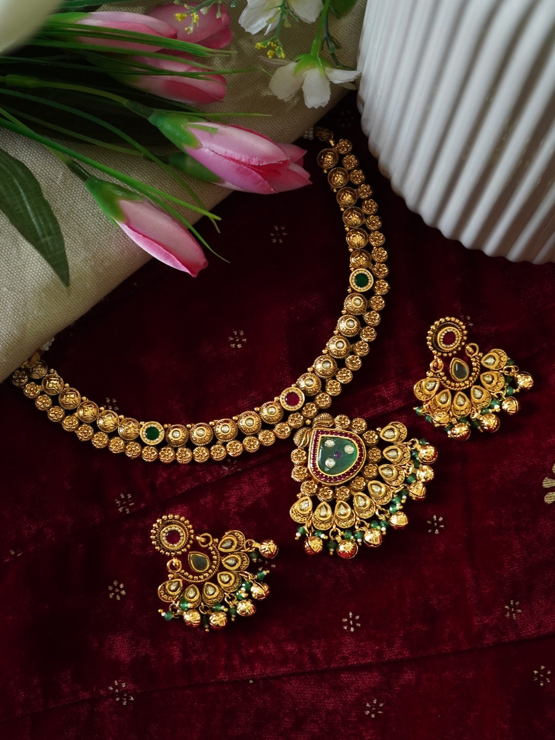 24K Gold Plated Kundan Studded Beaded Premium Necklace Set
