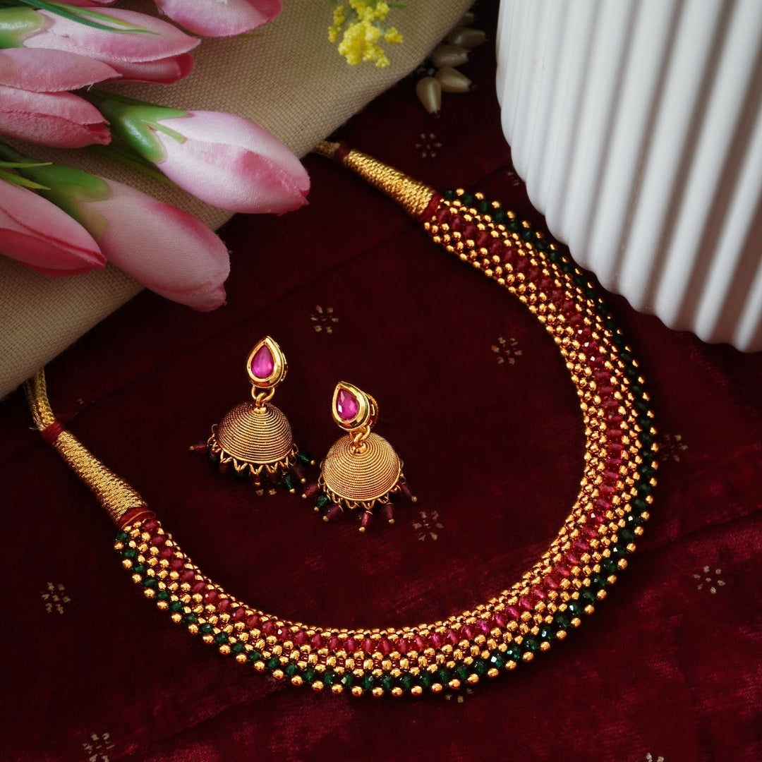 Ruby n Emerald Like Beaded Reversible Traditional Necklace Set