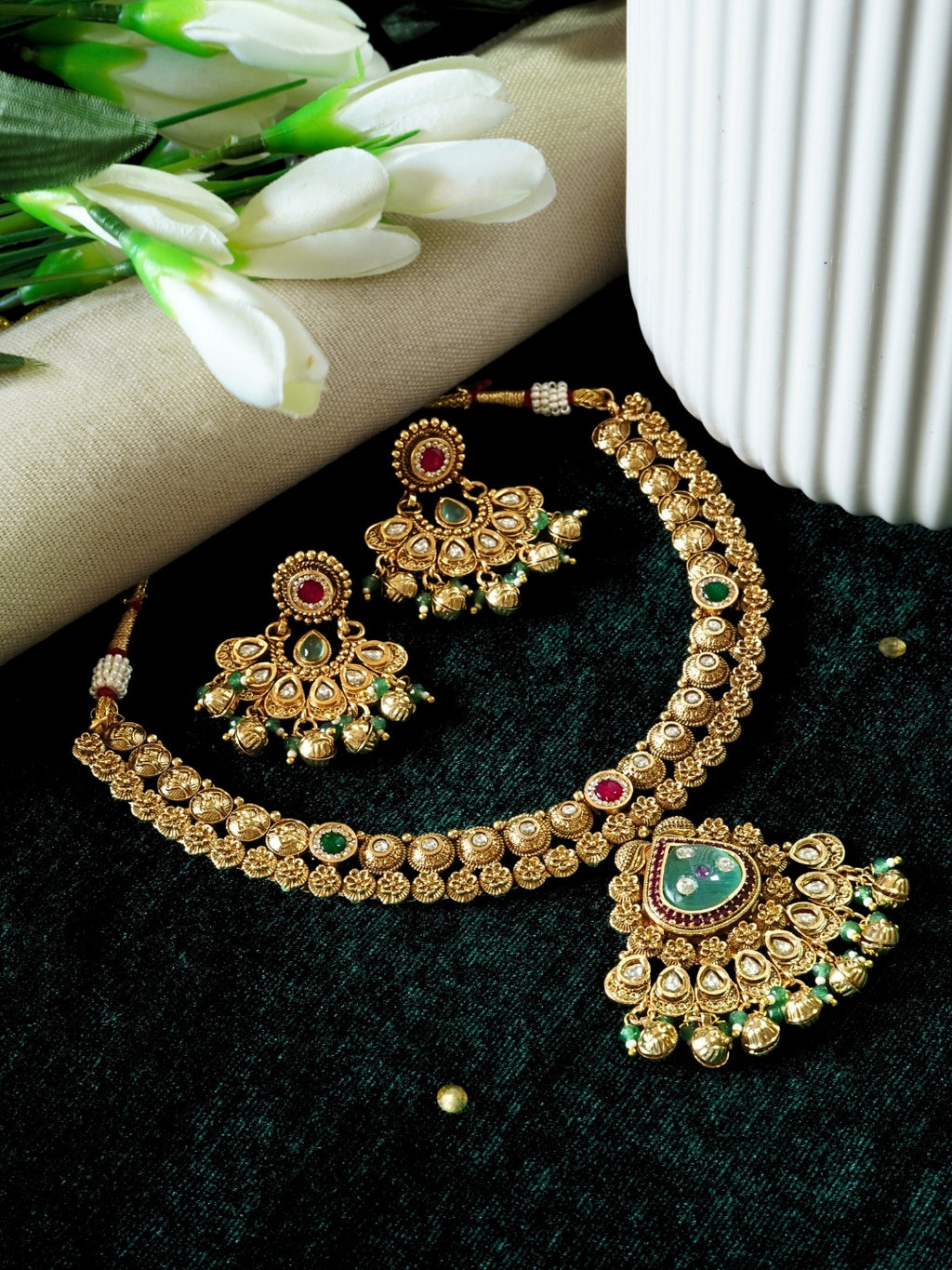 24K Gold Plated Kundan Studded Beaded Premium Necklace Set