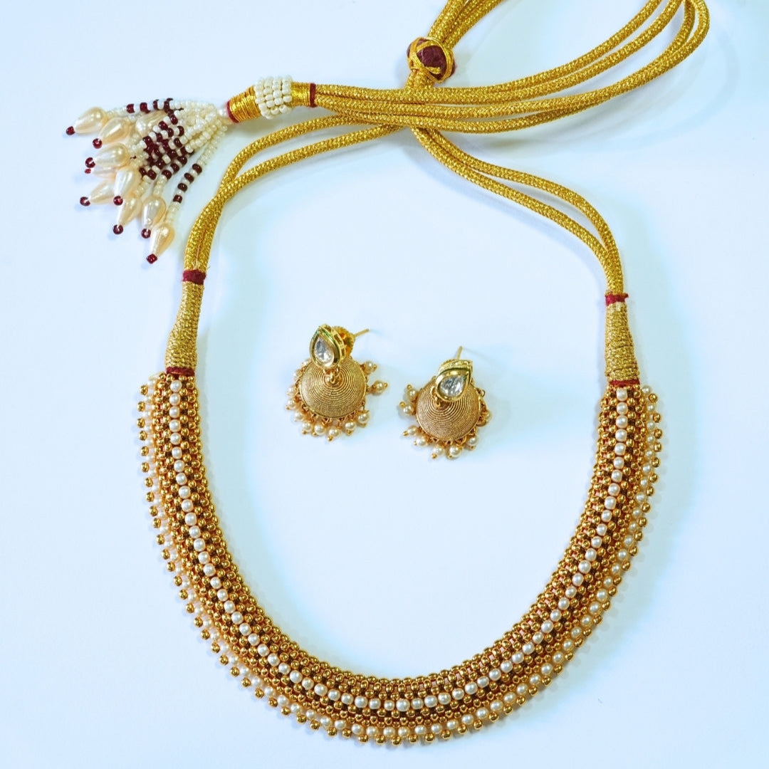 Traditional & Elegant Reversible Golden n White Beaded Necklace Set