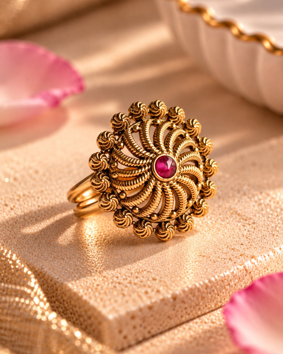 Gold Plated Ruby Studded Adjustable Ring