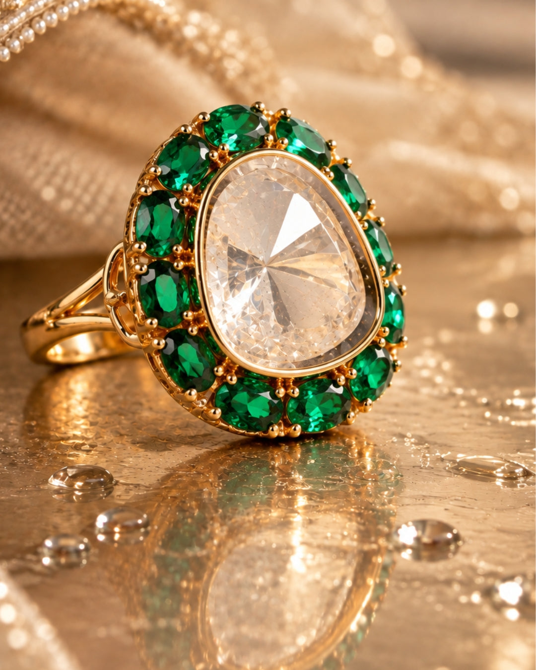 Kundan & Emerald Studded Gold-Plated Adjustable Ring