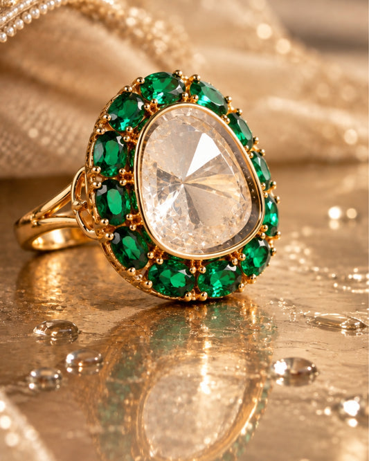 Kundan & Emerald Studded Gold-Plated Adjustable Ring