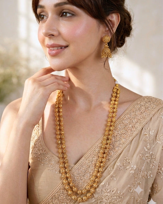 Dual-Layer Beaded Gold plated Necklace & Jhumka Set