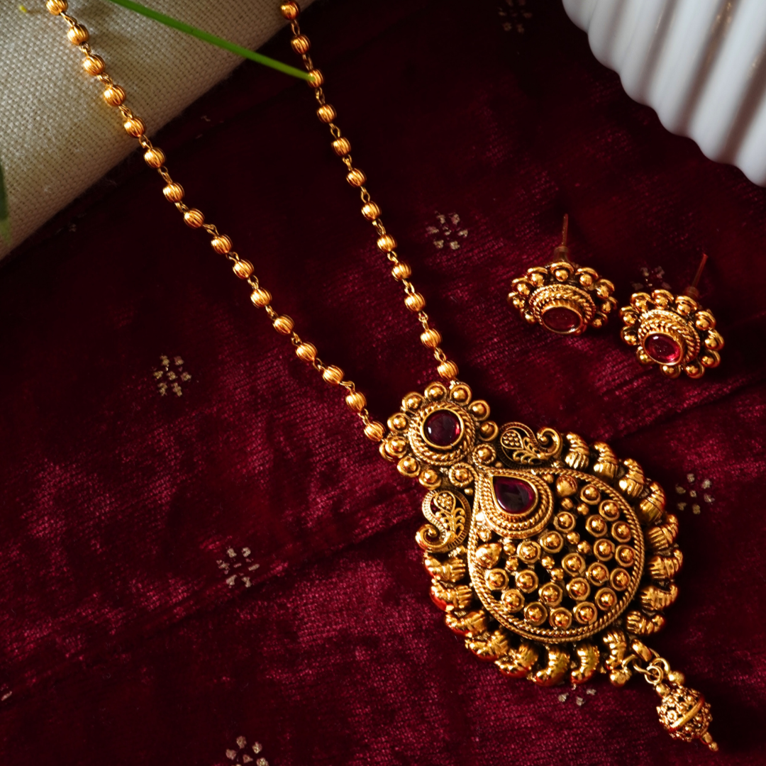 Elegant Drop Shape Ruby Studded Traditional  Pendant Set