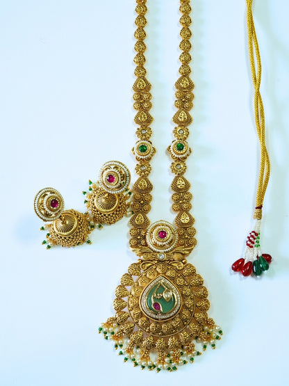 Premium Gold Plated Long Necklace Set with Jhumka Earrings