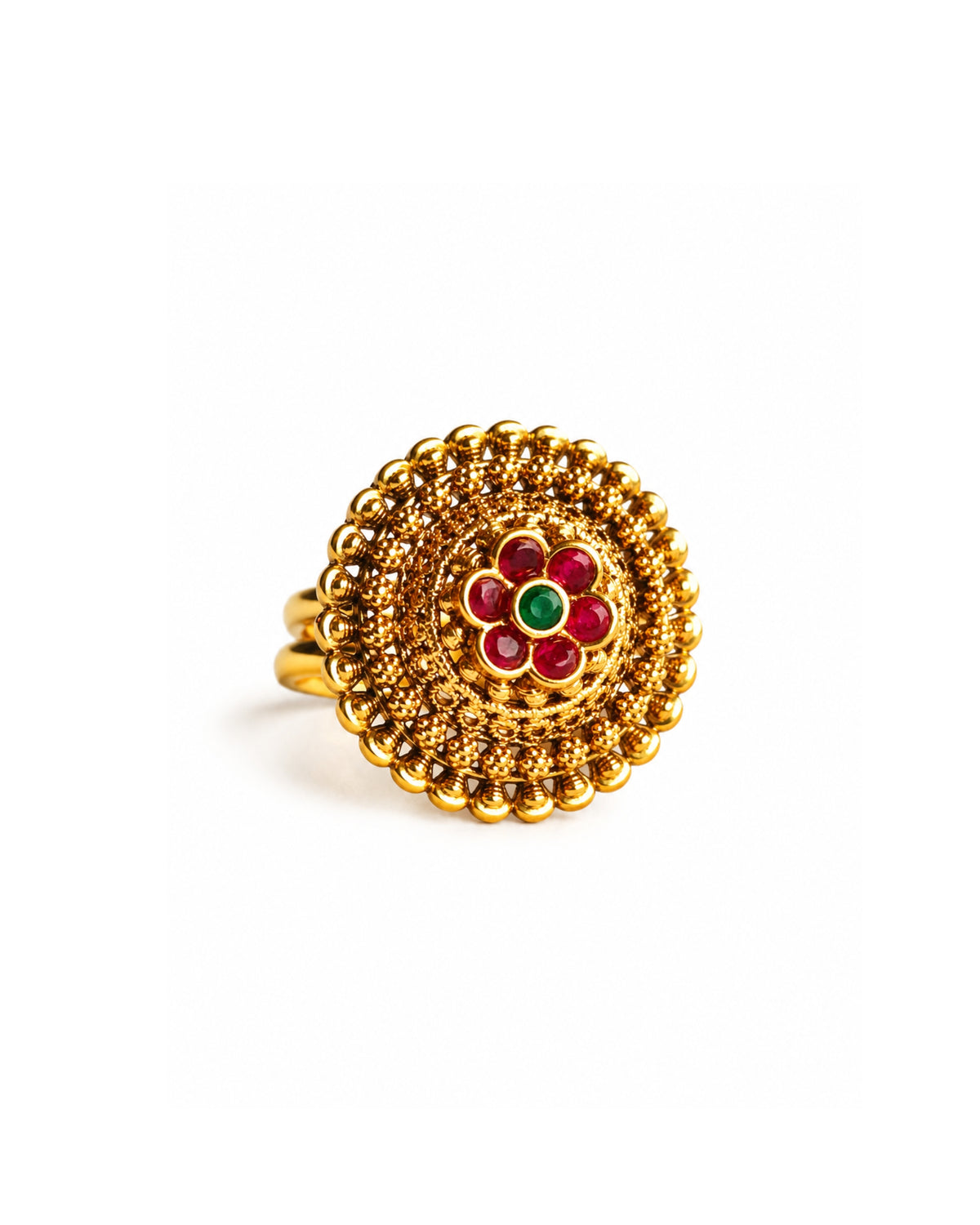 Antique Gold Plated Intricate Ruby Floral Ring
