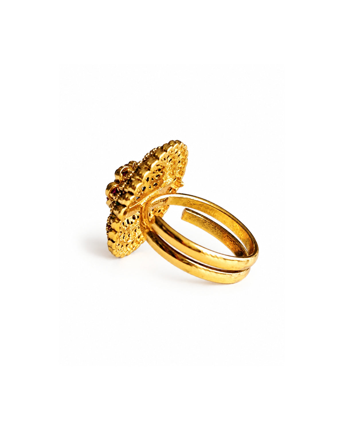 Antique Gold Plated Intricate Ruby Floral Ring