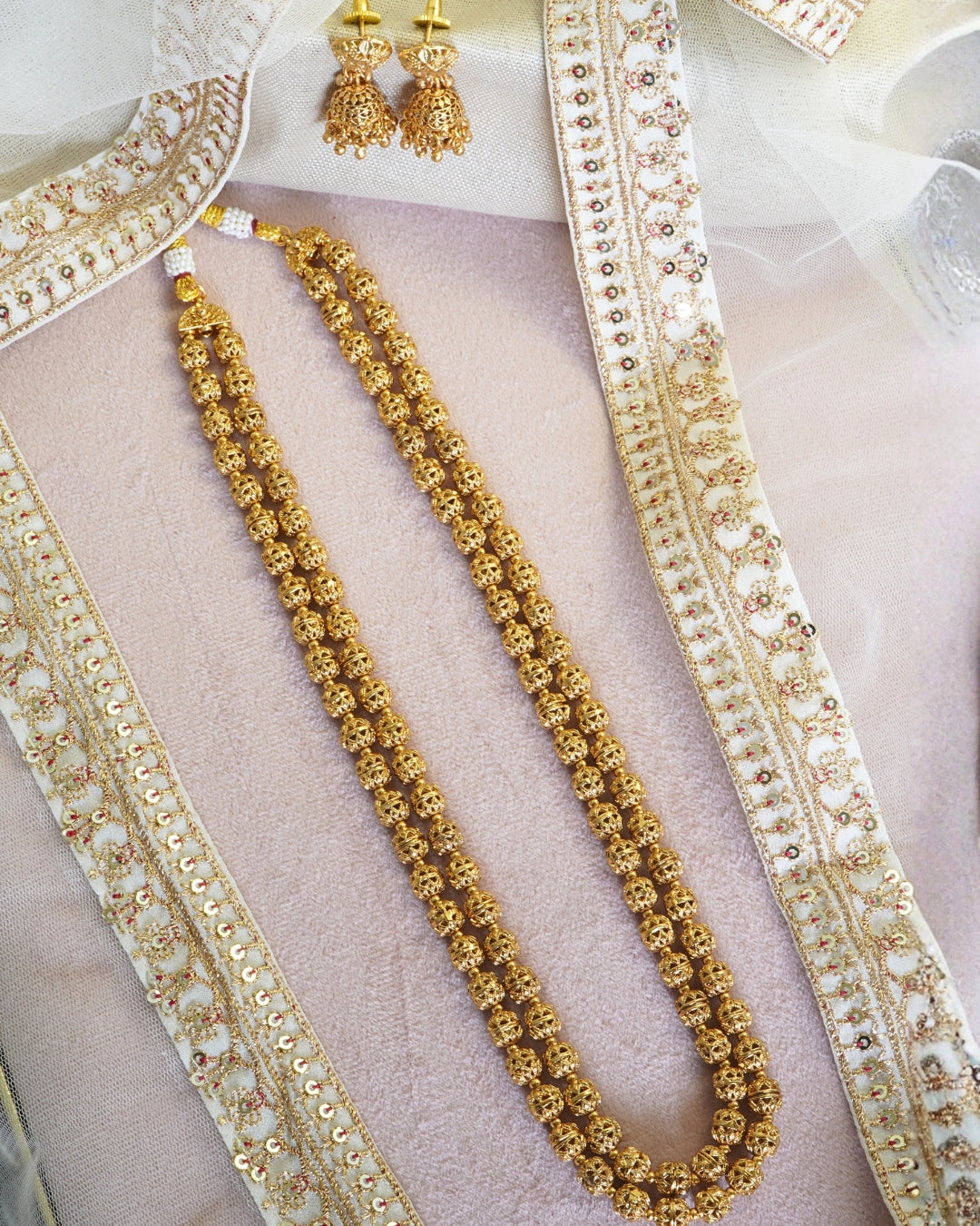 Dual-Layer Beaded Gold plated Necklace & Jhumka Set