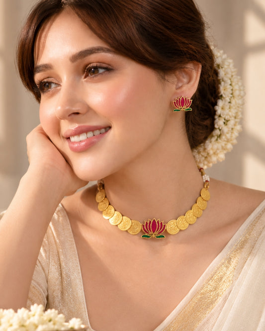 Laxmi Coin Pink Lotus Centerpiece Necklace Set
