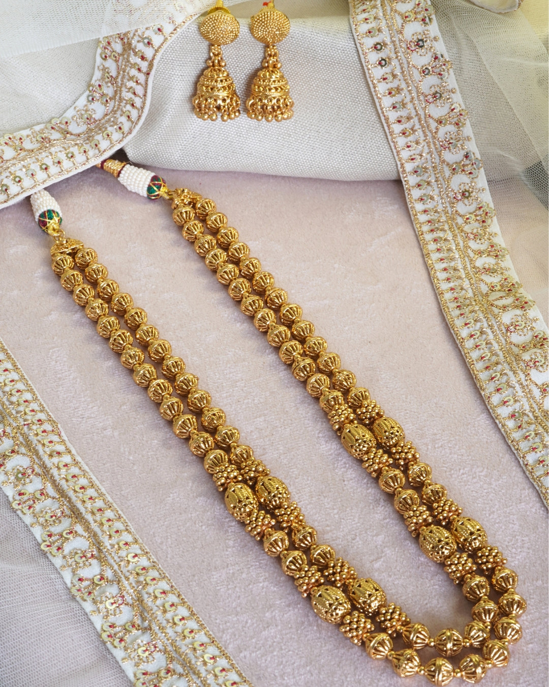 Oval Beaded Gold plated Dual Layer Necklace set