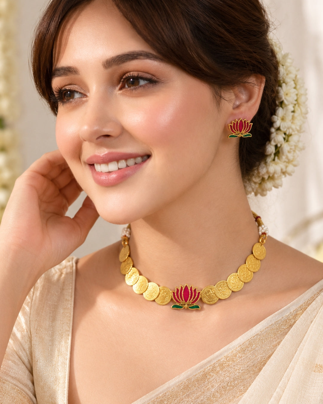 Laxmi Coin Pink Lotus Centerpiece Necklace Set