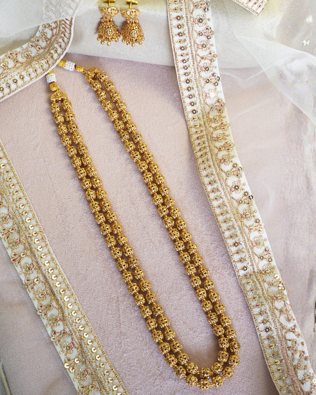Dual-Layer Beaded Gold plated Necklace & Jhumka Set