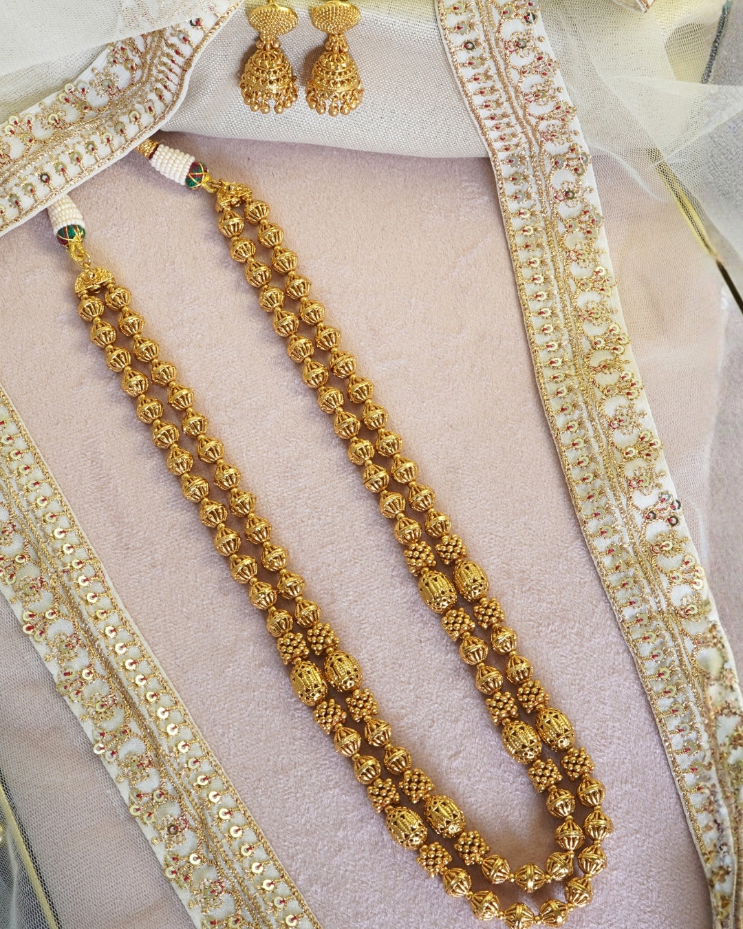 Oval Beaded Gold plated Dual Layer Necklace set