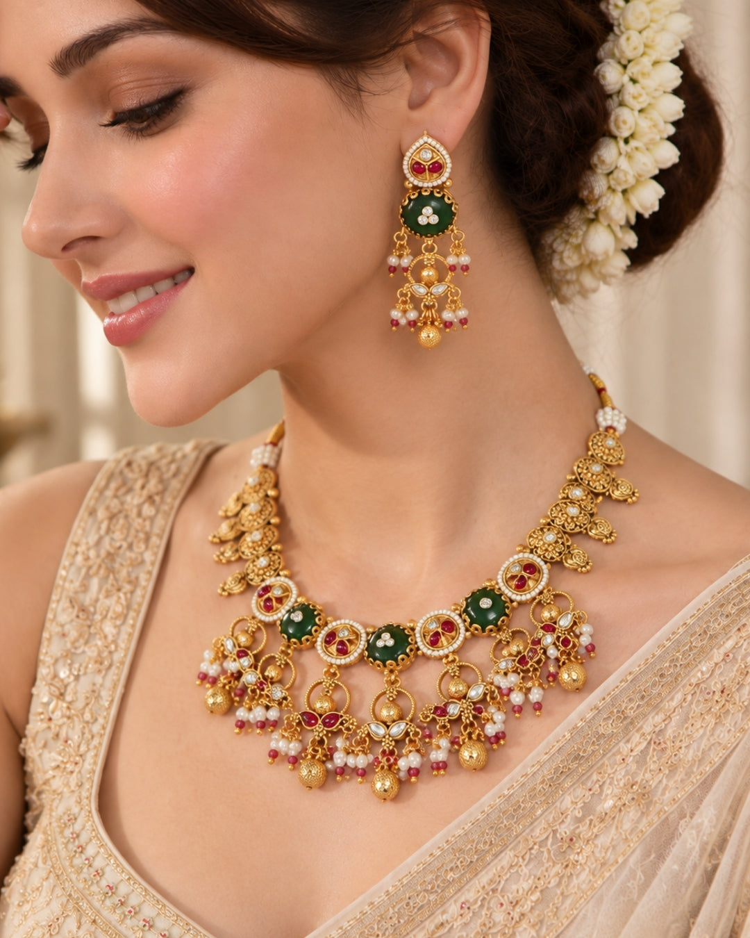 Traditional Emerald Studded Gold-Toned Beaded Necklace Set