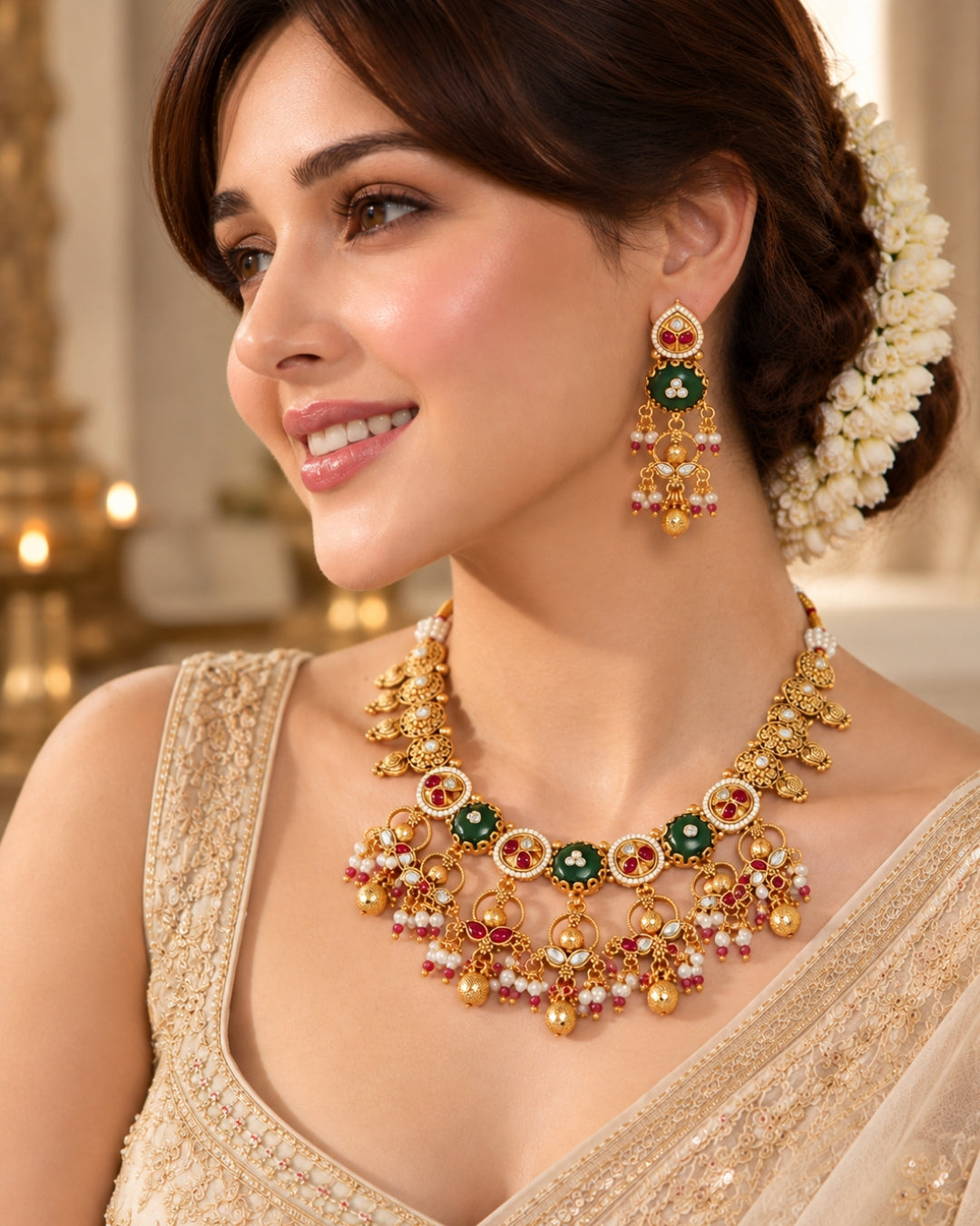 Traditional Emerald Studded Gold-Toned Beaded Necklace Set