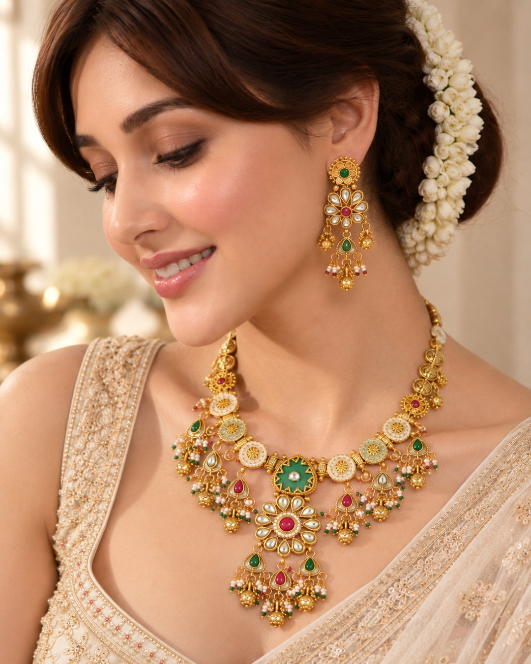 Gold-Plated Multicolour Stones & Beads Necklace Set