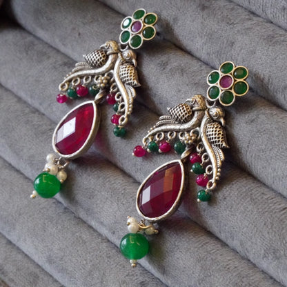 Enchanting Floral Bird Motif Oxidized Dangler Earrings with Lovely Pink & Green Jaipuri Stones & Pearls