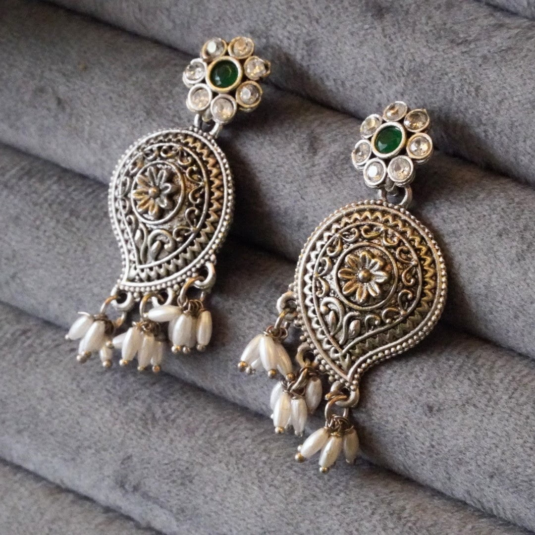 Beautiful Oxidized Leaf Shaped Danglers studded with Jaipuri Stone, Pearl, & American Diamond