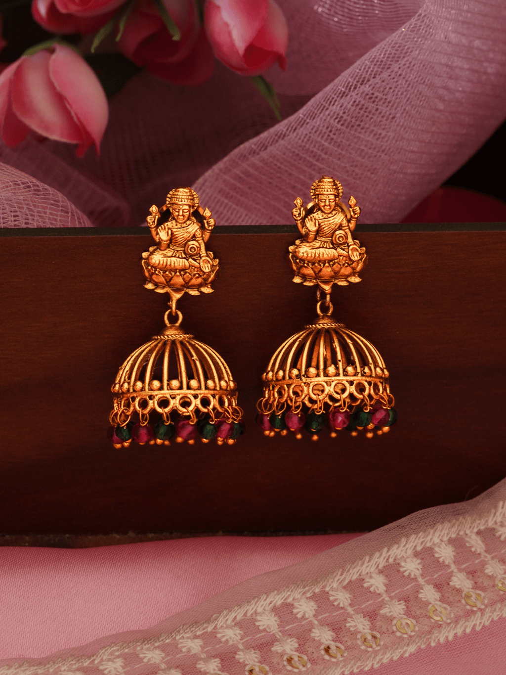 Antique Laxmi Temple Jhumka, 22KT Gold Matte, Red-Green Pearls