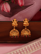 Antique Laxmi Temple Jhumka, 22KT Gold Matte, Red-Green Pearls