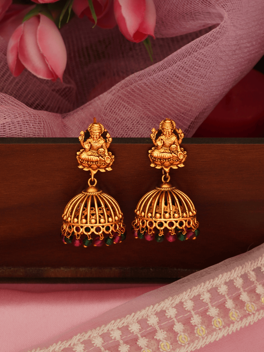 Antique Laxmi Temple Jhumka, 22KT Gold Matte, Red-Green Pearls