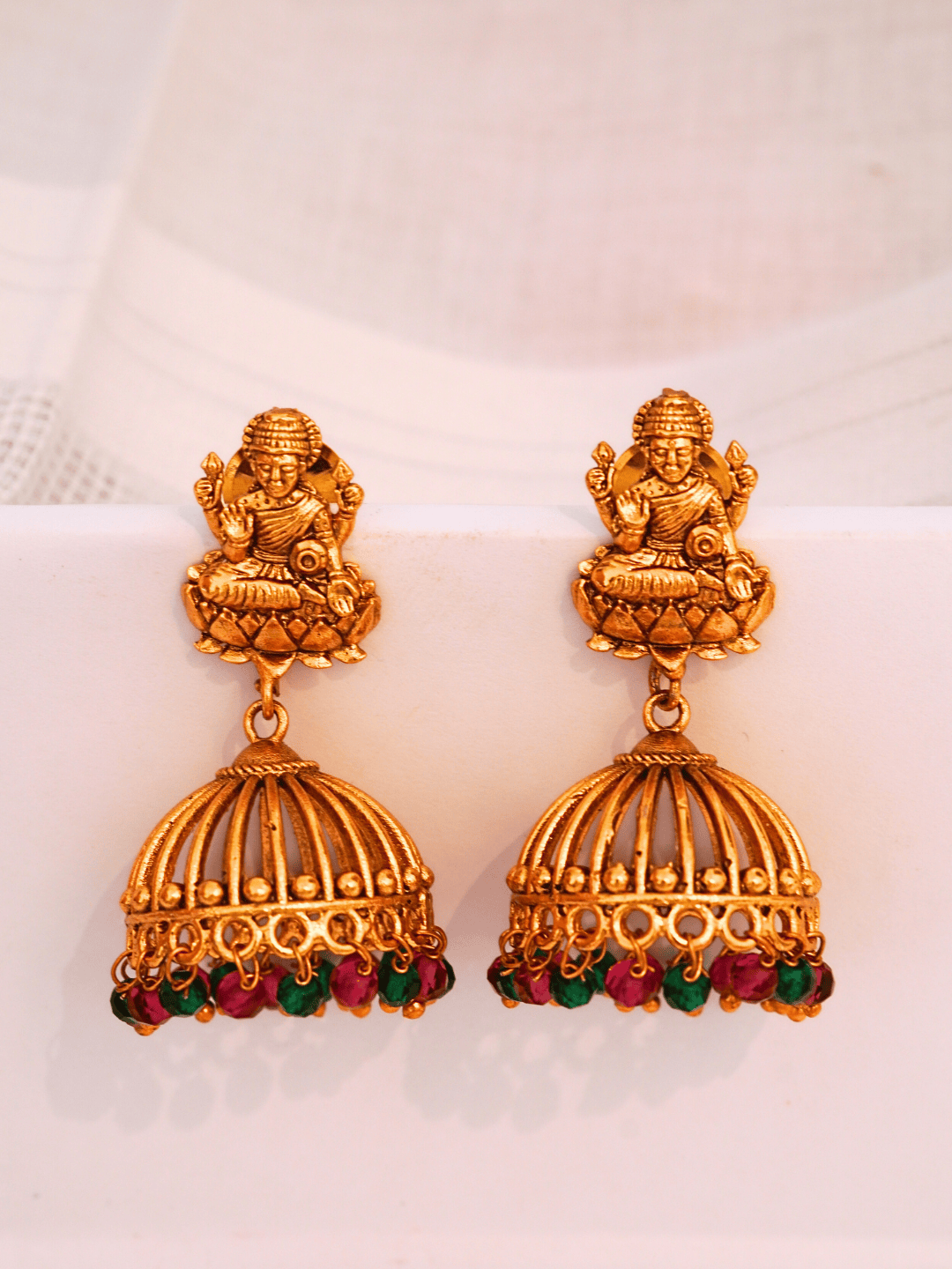 Antique Laxmi Temple Jhumka, 22KT Gold Matte, Red-Green Pearls