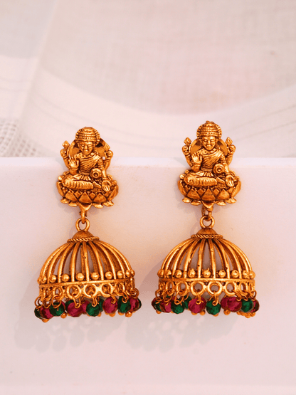 Antique Laxmi Temple Jhumka, 22KT Gold Matte, Red-Green Pearls
