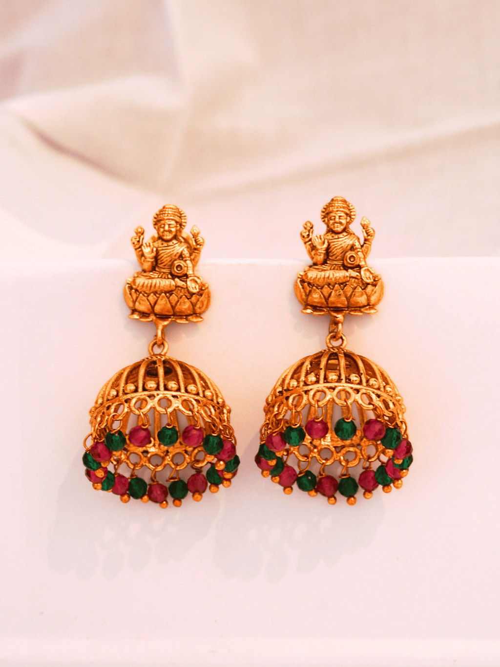 Antique Laxmi Temple Jhumka, 22KT Gold Matte, Red-Green Pearls