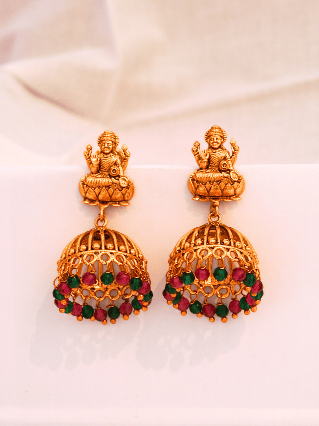 Antique Laxmi Temple Jhumka, 22KT Gold Matte, Red-Green Pearls