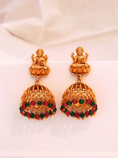 Antique Laxmi Temple Jhumka, 22KT Gold Matte, Red-Green Pearls