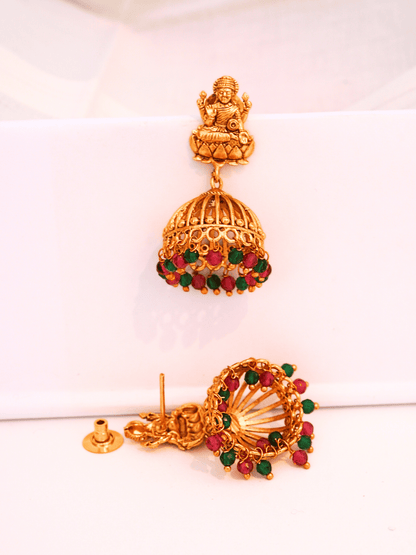 Antique Laxmi Temple Jhumka, 22KT Gold Matte, Red-Green Pearls