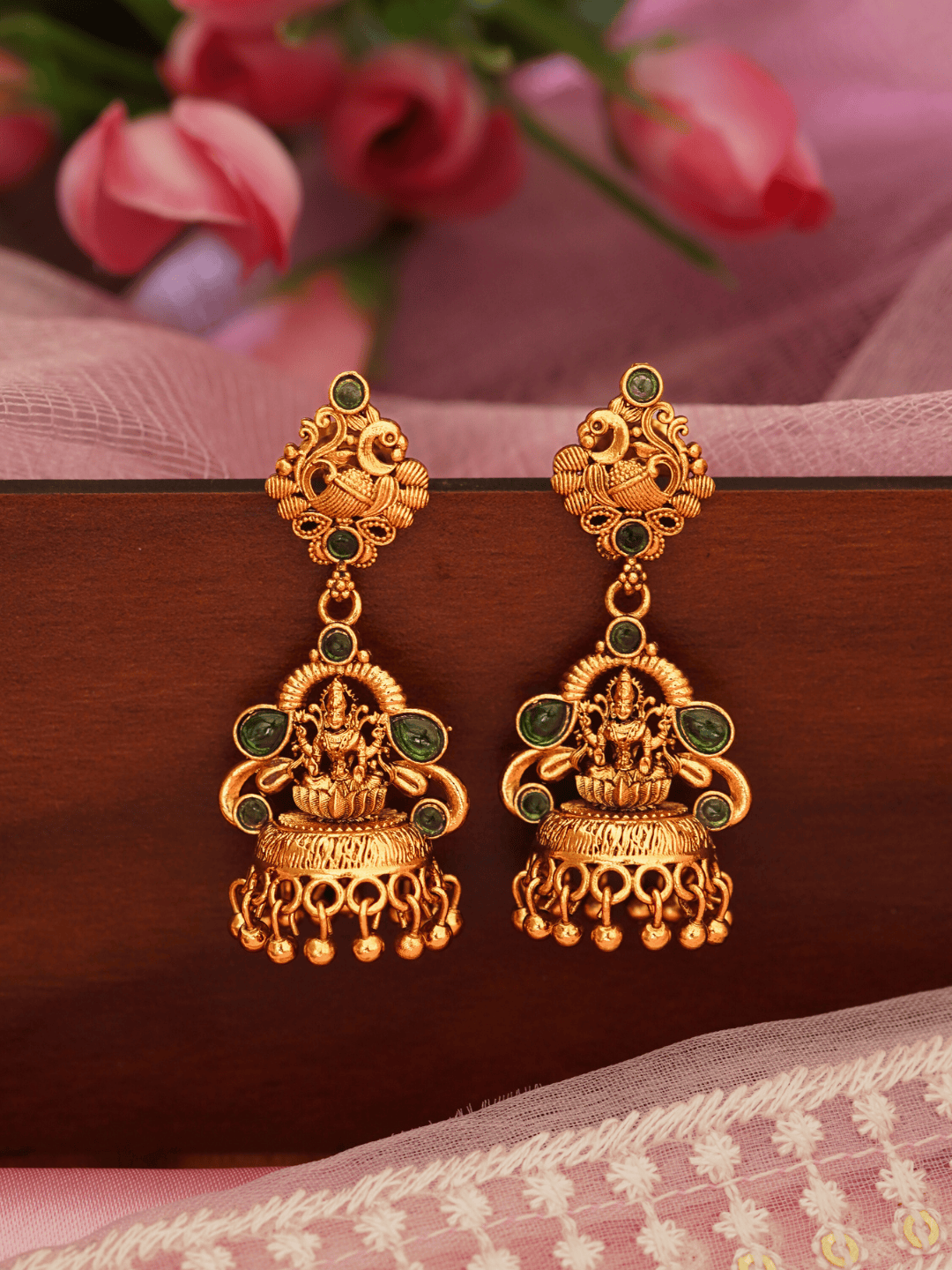 Heritage Laxmi Temple Jhumka with Faux Emerald & 22KT Matte Gold Finish