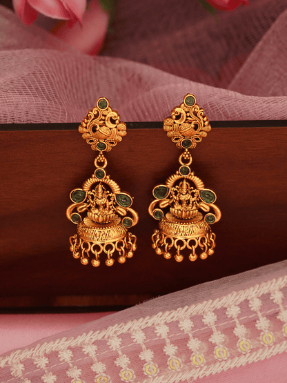 Heritage Laxmi Temple Jhumka with Faux Emerald & 22KT Matte Gold Finish