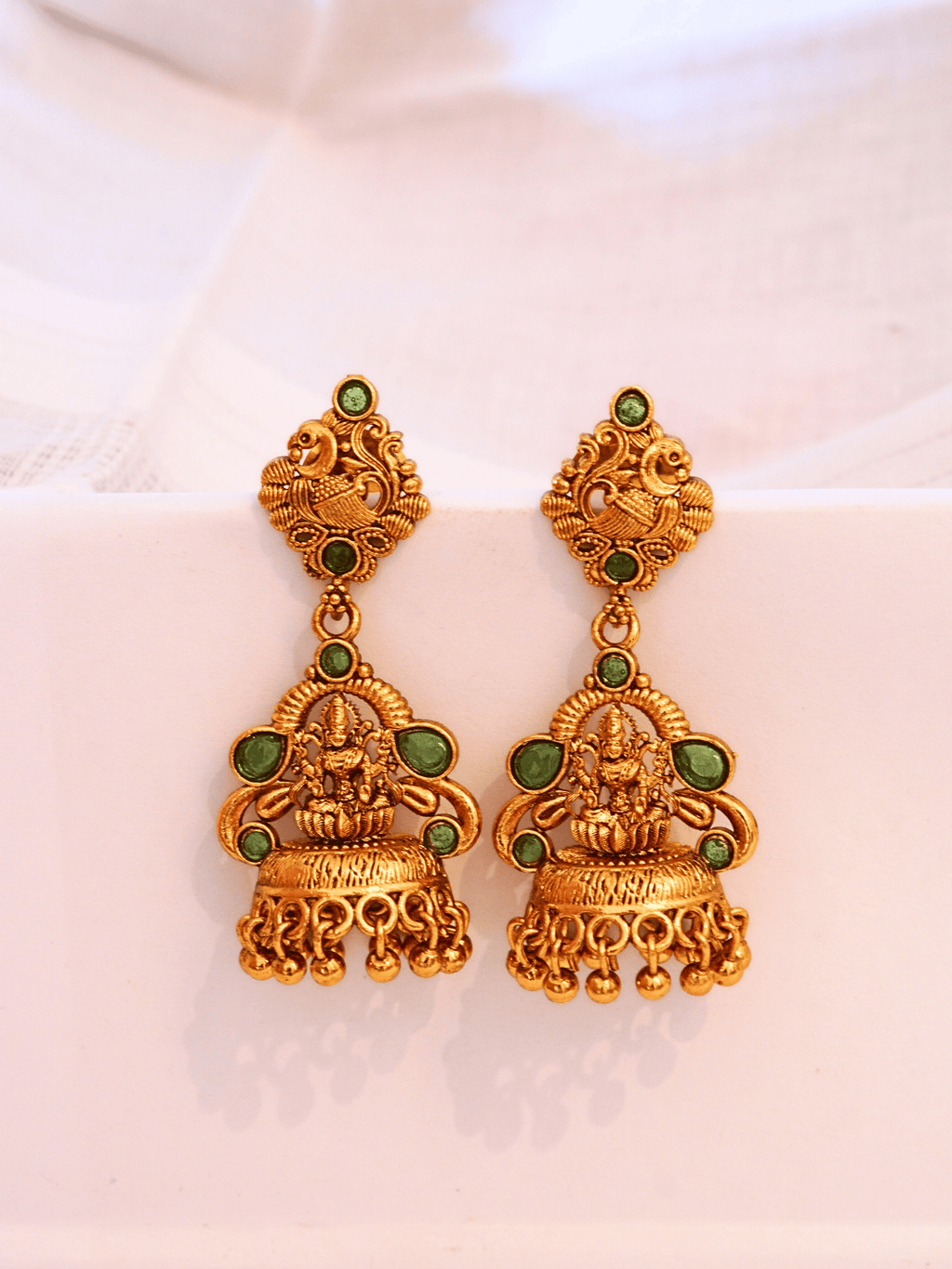 Heritage Laxmi Temple Jhumka with Faux Emerald & 22KT Matte Gold Finish