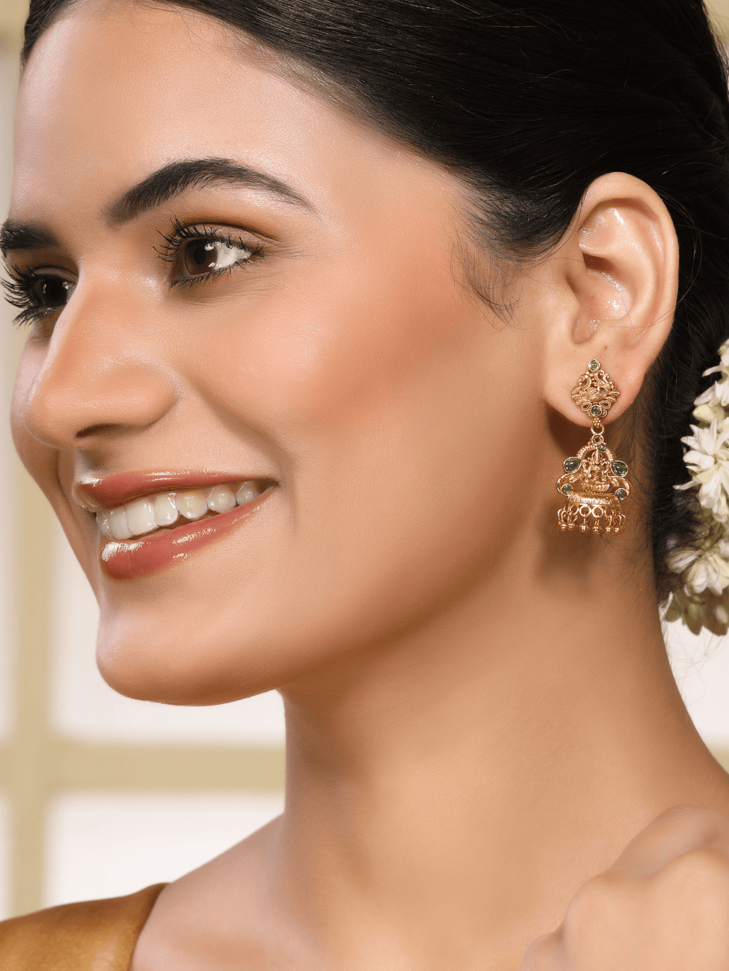Heritage Laxmi Temple Jhumka with Faux Emerald & 22KT Matte Gold Finish