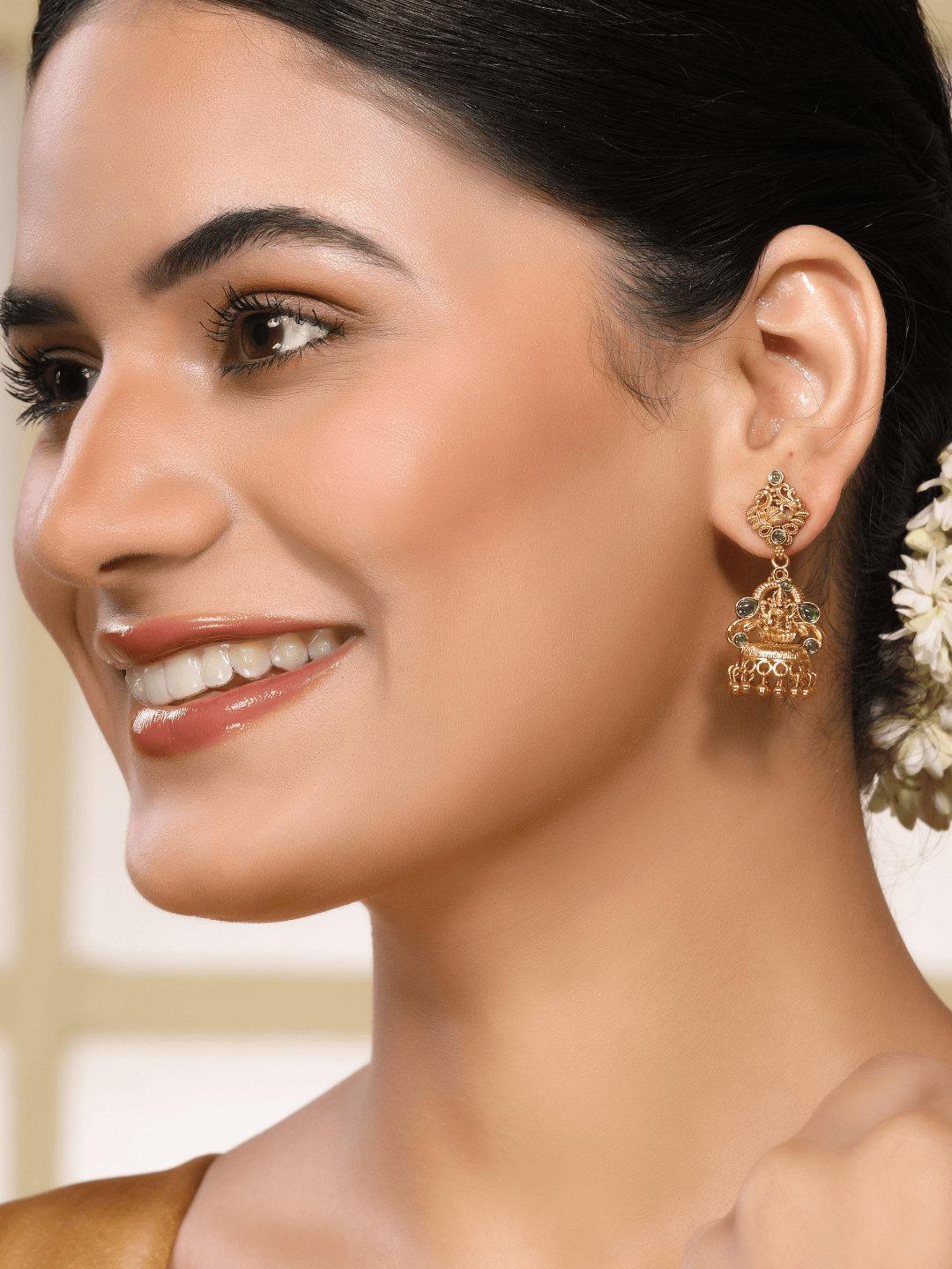 Heritage Laxmi Temple Jhumka with Faux Emerald & 22KT Matte Gold Finish