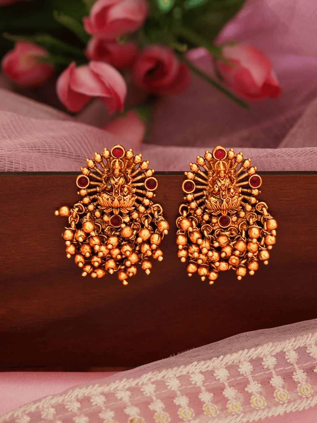 Heritage Laxmi Temple Big Studs with Faux Ruby Faux Emerald & 22KT Matte Gold