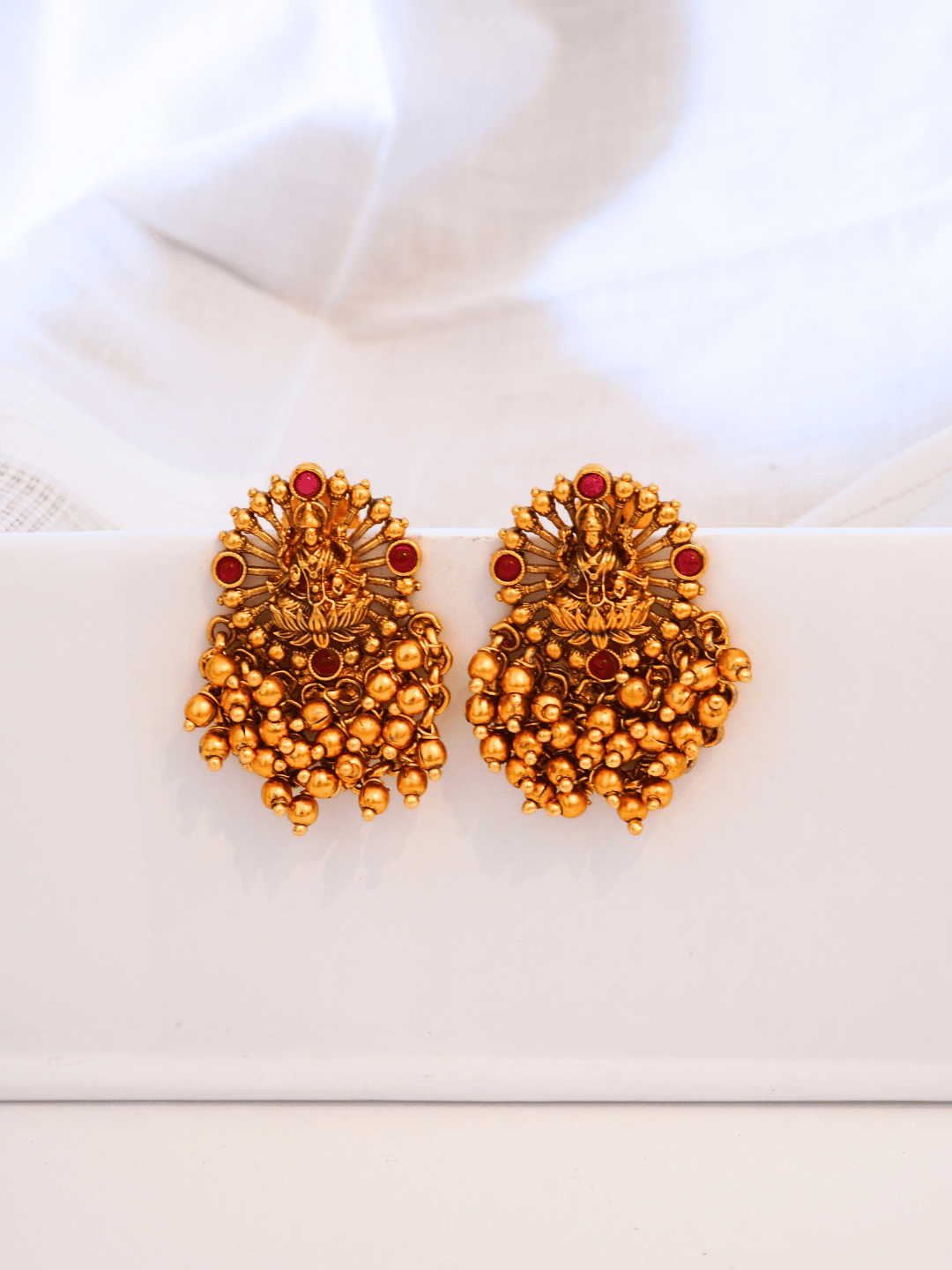 Heritage Laxmi Temple Big Studs with Faux Ruby Faux Emerald & 22KT Matte Gold