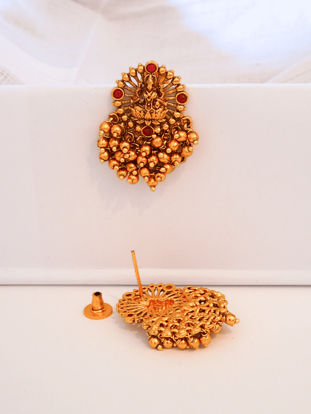 Heritage Laxmi Temple Big Studs with Faux Ruby Faux Emerald & 22KT Matte Gold