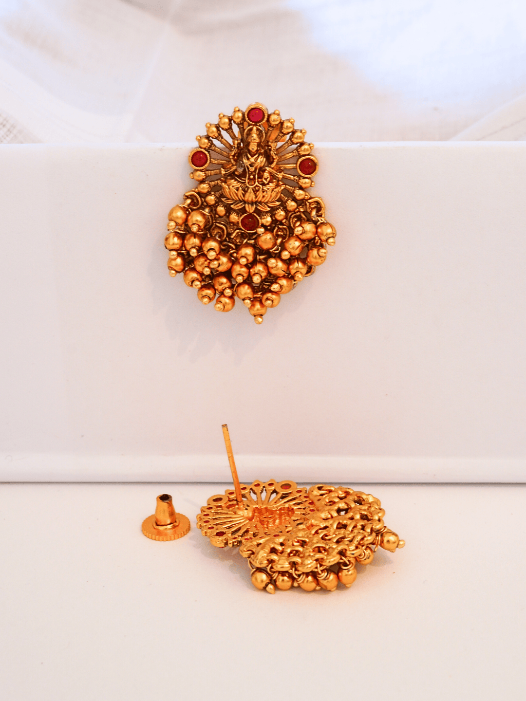 Heritage Laxmi Temple Big Studs with Faux Ruby Faux Emerald & 22KT Matte Gold